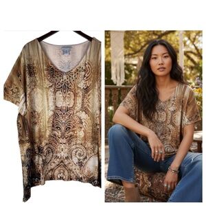Catherines 2X 3X 22 24 Top Tunic Shirt Tee Brown Tan Boho Peasant Flowy